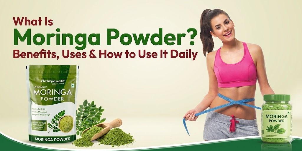 Pure Moringa Powder in glass jar with leaves